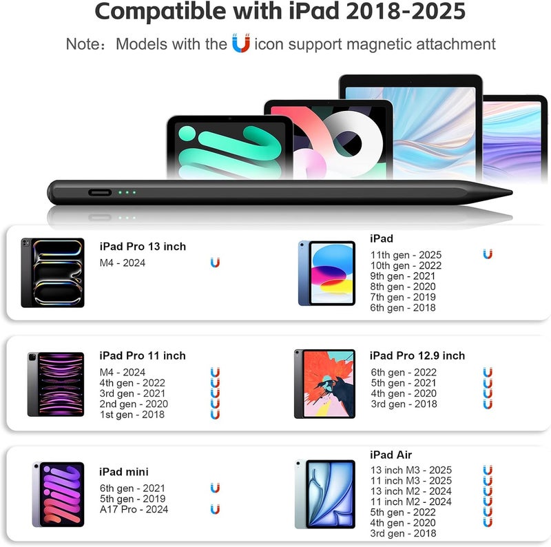 Aspaper Stylus Pen for iPad 2025-2018 with 13mins Fast Charge,Tilt Sensitive Palm Rejection Pencil for 11th A16,10th/9th/8th/7th/6th, Air 11/13 M2/M3,Pro 11/13 M4/M5,Pro 12.9“,Air 5/4/3,Mini 7/6/5 - Image 2
